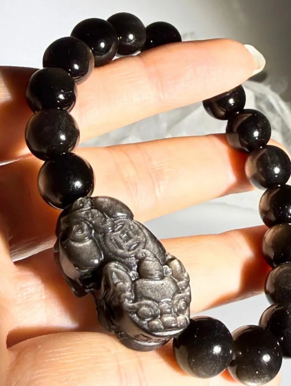 Black Obsidian Pixiu Beaded Bracelet - Unbranded